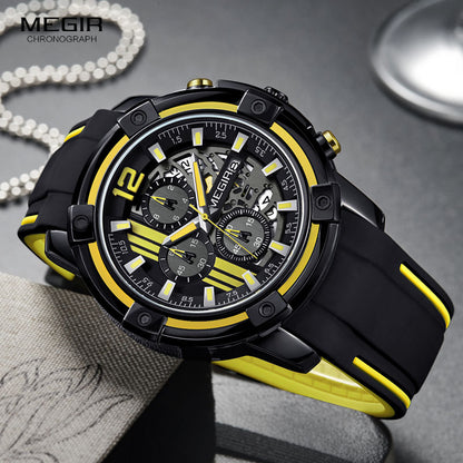 Megir Men's Black Silicone Strap Quartz Watches Chronograph Sports Wristwatch for Man 3atm Waterproof Luminous Hands 2097 Yellow