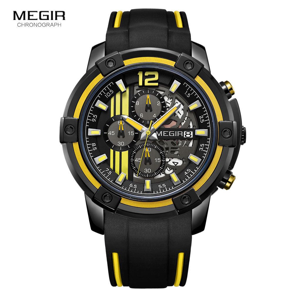 Megir Men's Black Silicone Strap Quartz Watches Chronograph Sports Wristwatch for Man 3atm Waterproof Luminous Hands 2097 Yellow